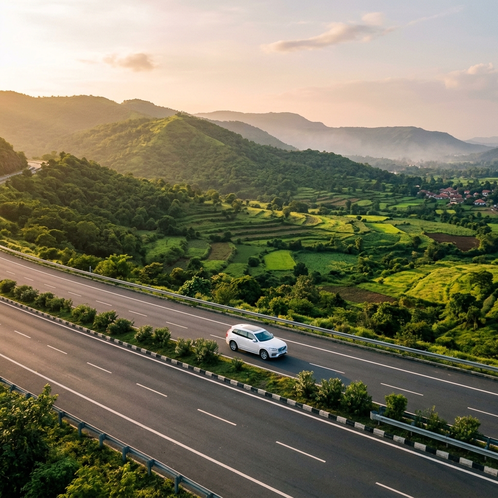 White SUV on scenic Indian highway