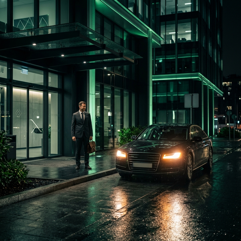 UWAY corporate sedan arriving at night — guaranteed pickup, no refusal